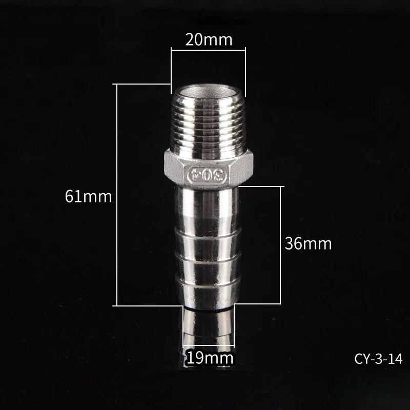 1/2" & 3/4" BSP Male Thread Hose Barb Tail Connector — Stainless Steel