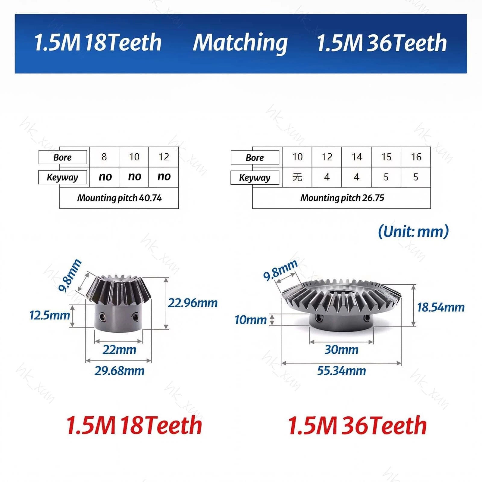 1/1.5/2 Mod 15-40 Tooth 1:2 Metal Motor Bevel Gears 90° Pairing Gear 45# Steel