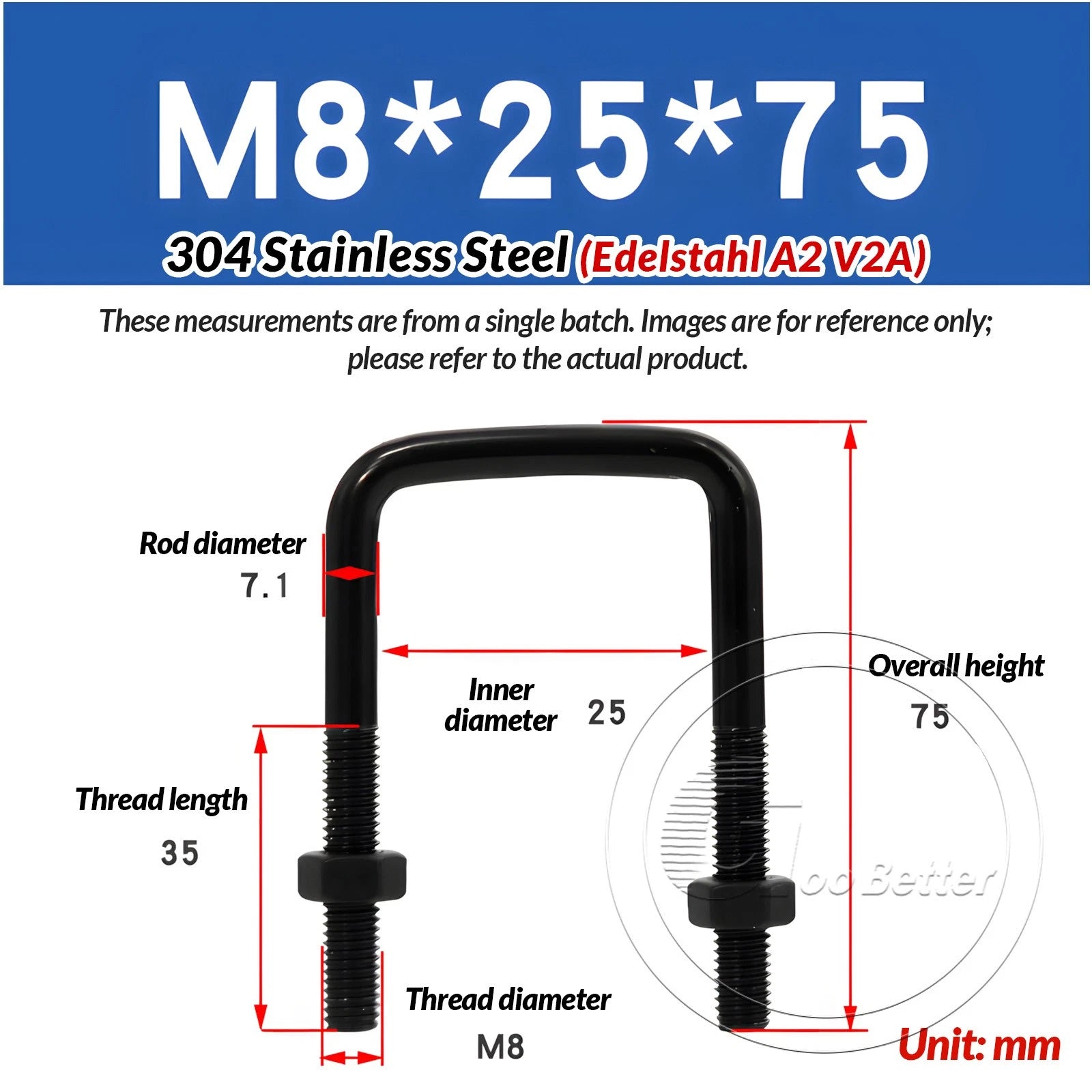 M6 M8 M10 Square U-Bolts Black 304 Stainless Steel with Nuts For Boat Trailer