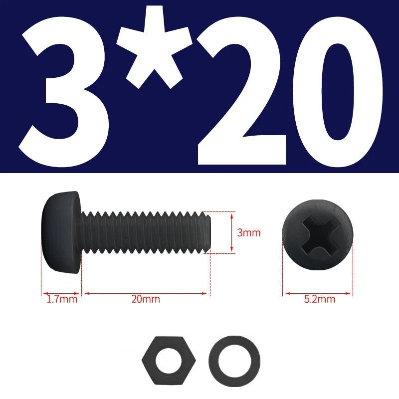 Black Nylon Phillips Machine Screws with Nuts & Washers — Metric M2 to M8 - HomeDIYer