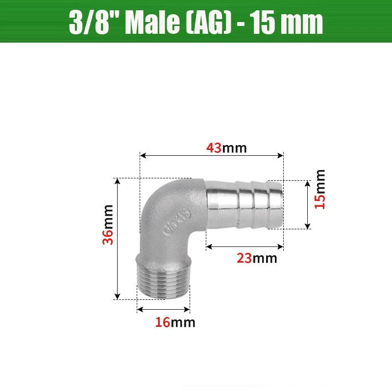 BSP Male Elbow Barbed Hose Connector — Stainless Steel, 1/8" to 1/2", 6–16mm