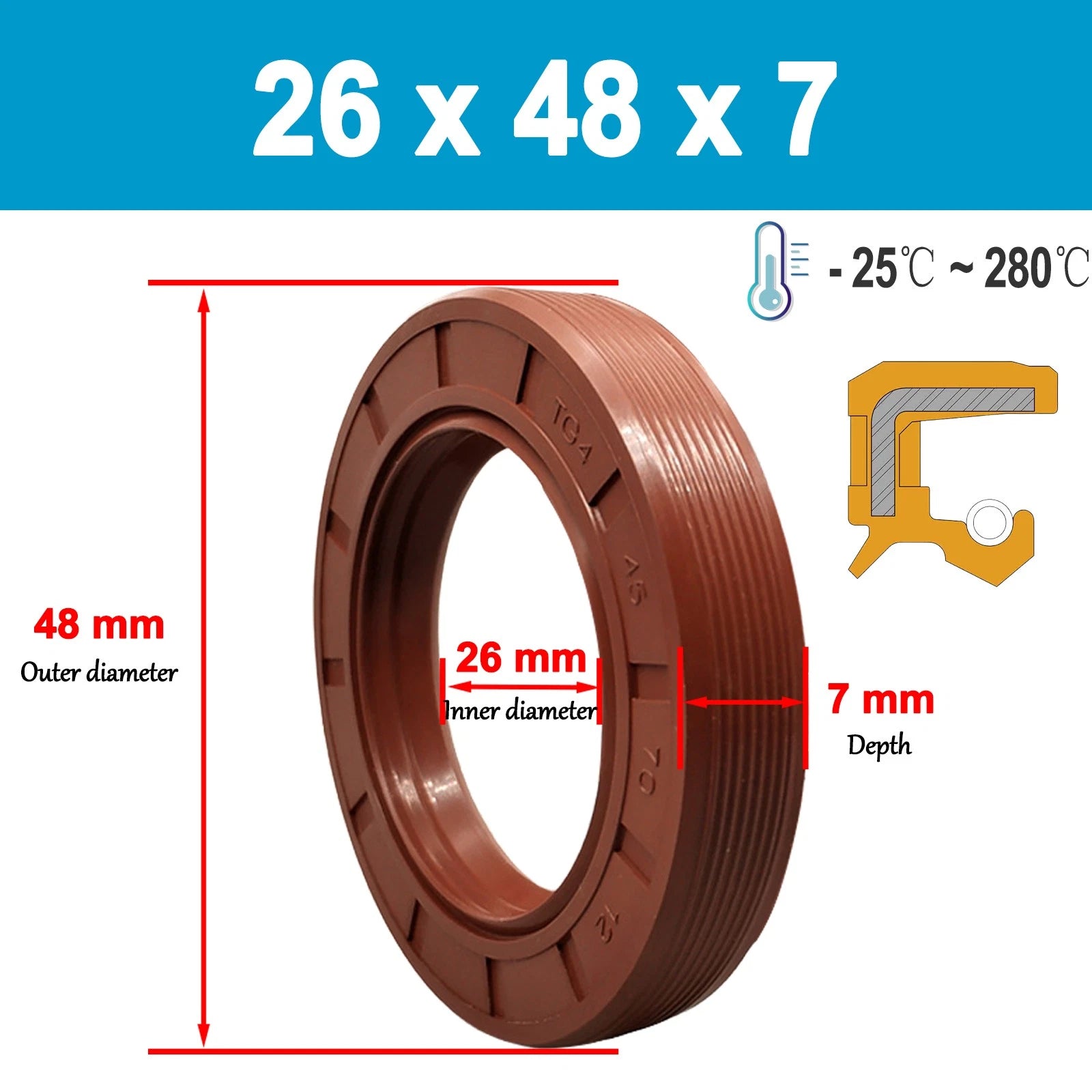 Metric TC Rotary Oil Shaft Seal FKM Fluorine Double Lip Seal 22mm - 26mm Shaft