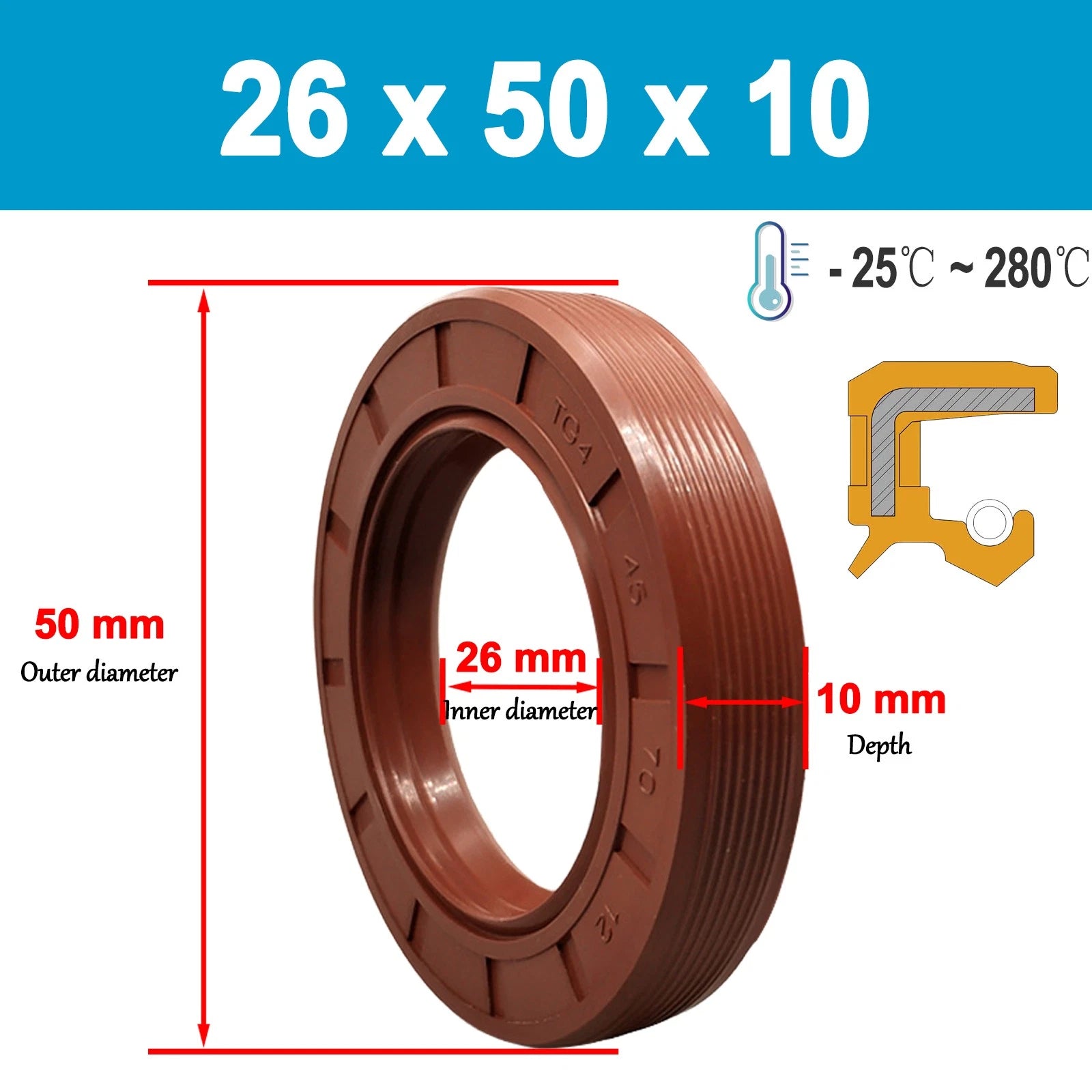 Metric TC Rotary Oil Shaft Seal FKM Fluorine Double Lip Seal 22mm - 26mm Shaft