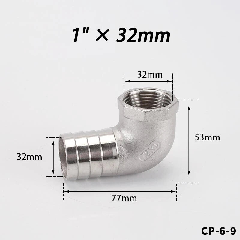 Stainless Steel Female Fitting x Barb Hose Tail End Elbow Connector 1 4" - 11 2"