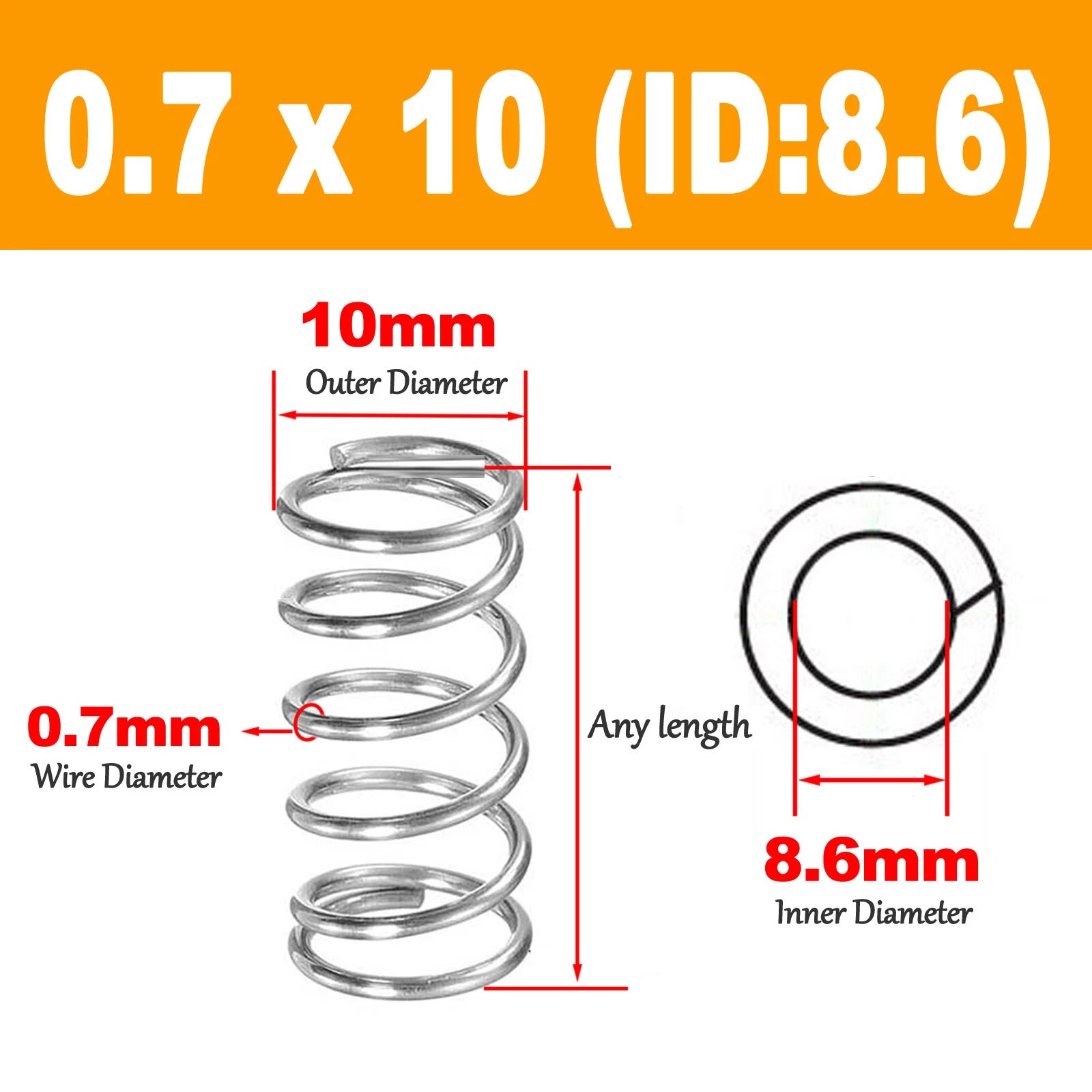 Stainless Steel Wire Dia 0.7mm,OD 4-12mm, Length 5 mm - 120mm Compression Spring