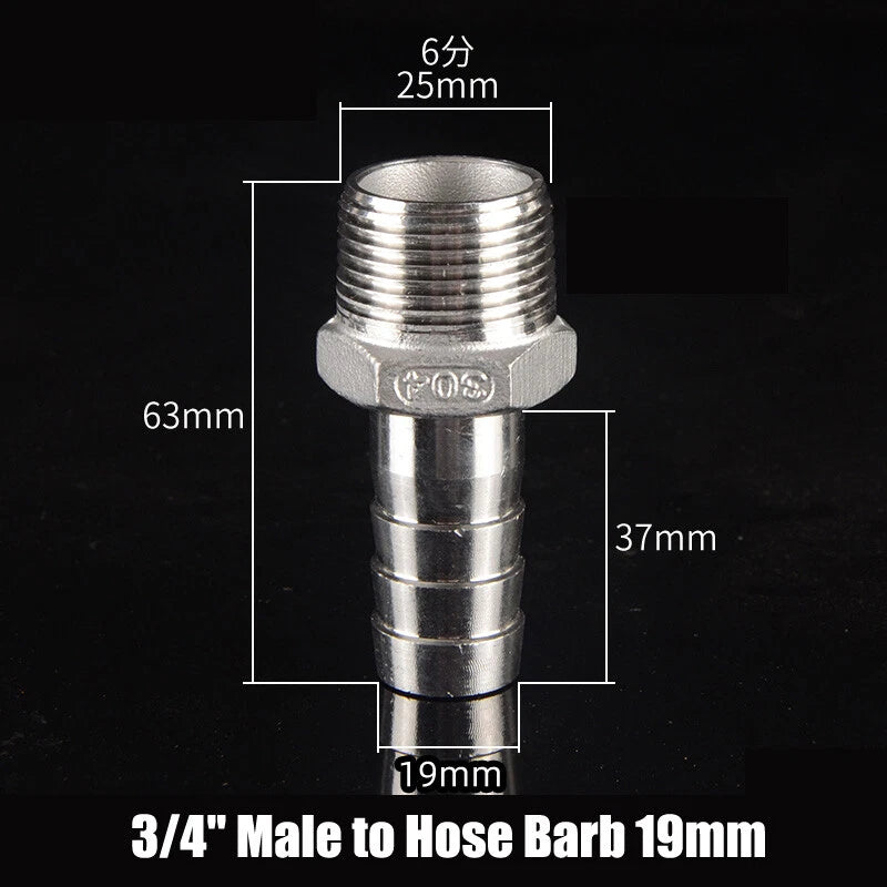 BSP Stainless Steel Male Hose Barb Fitting — 1/2" & 3/4" to Barb Connector