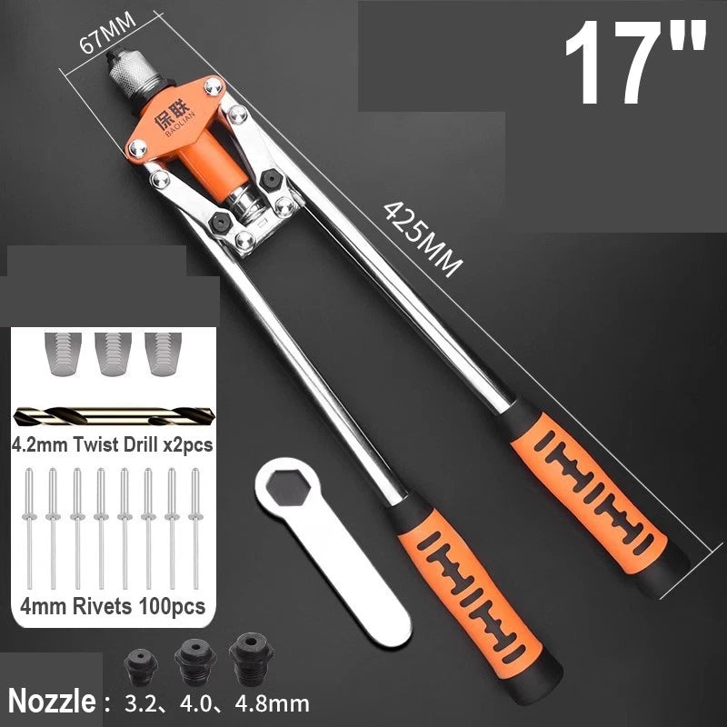 8"-17" Heavy Duty Hand Pop Rivet Gun Tool Kit With Rivets 4 Nozzle Head Wrench