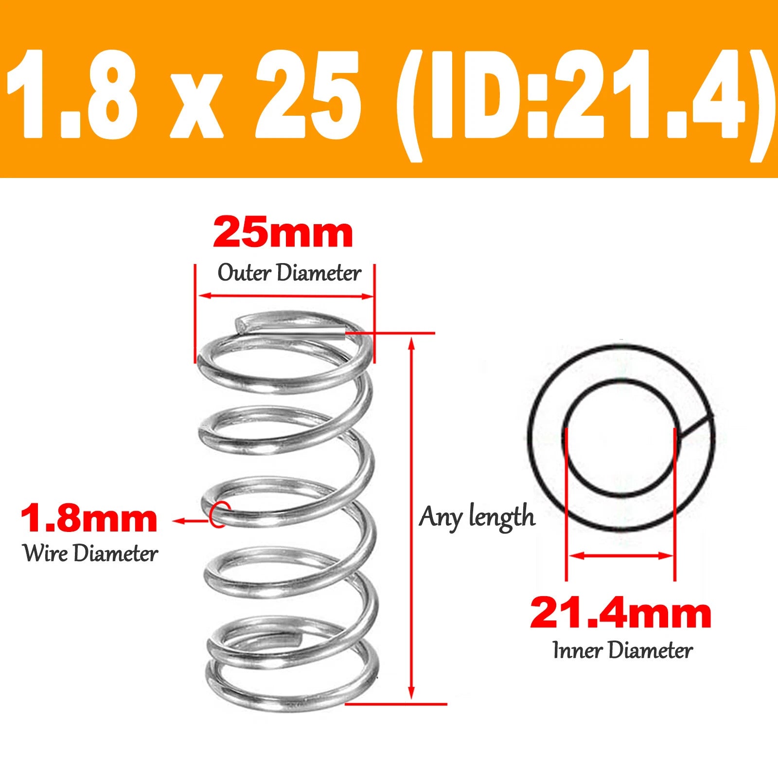 1.8mm 304 Stainles Steel Spring Compression Pressure Springs OD 18-30mm,L10-120m