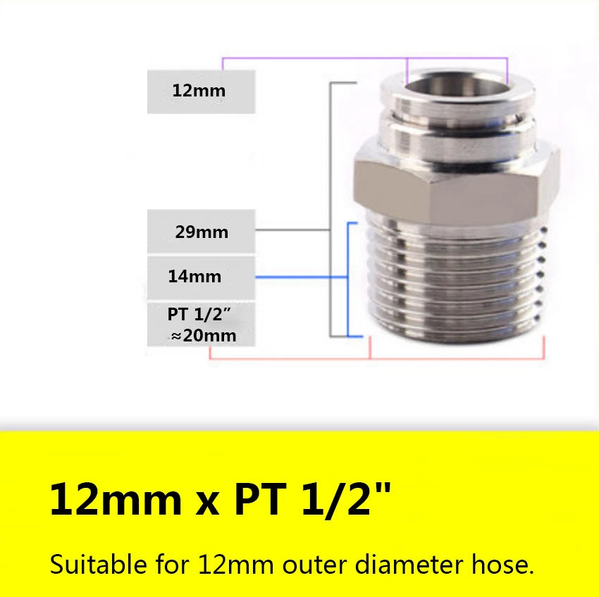 Stainless Steel 304 Push-In Straight Fitting — PT Male Thread x Hose Barb Adapter (4mm–16mm OD)