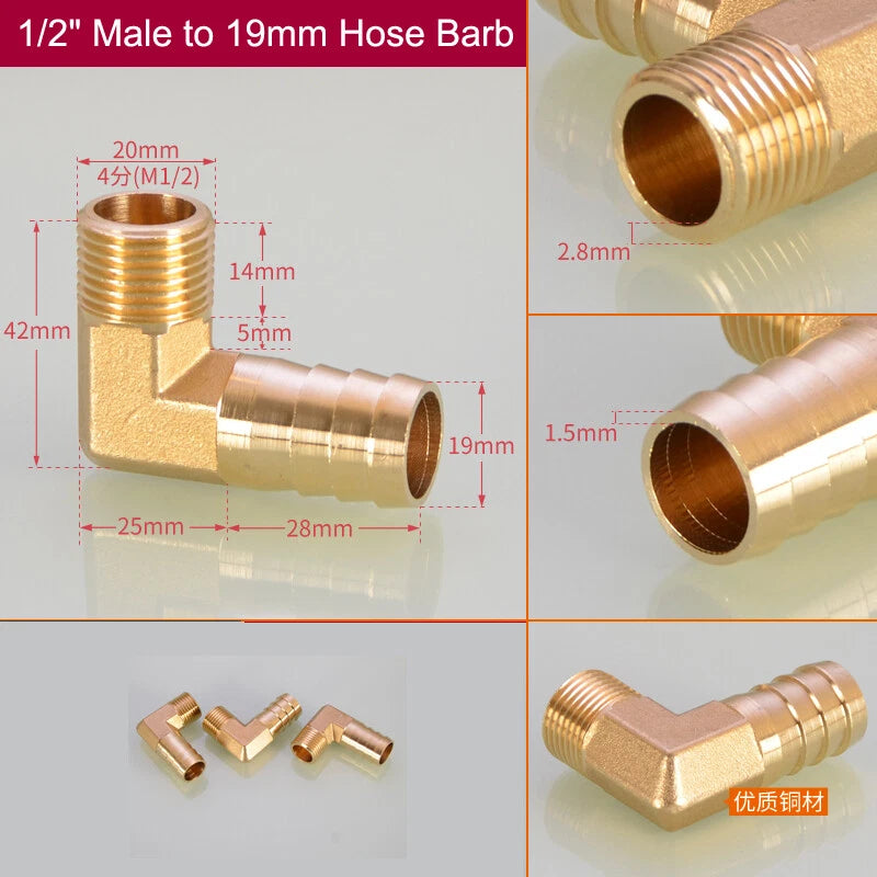 Brass Hose Barb Elbow Fittings — Male BSP to Metric Barb, 1/8" to 3/4" BSP