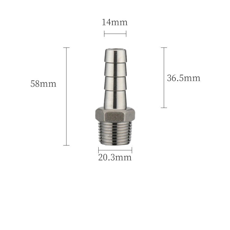 A2 Stainless Steel Straight Barb Hose Connector — Male Thread, 6mm to 20mm Tubing