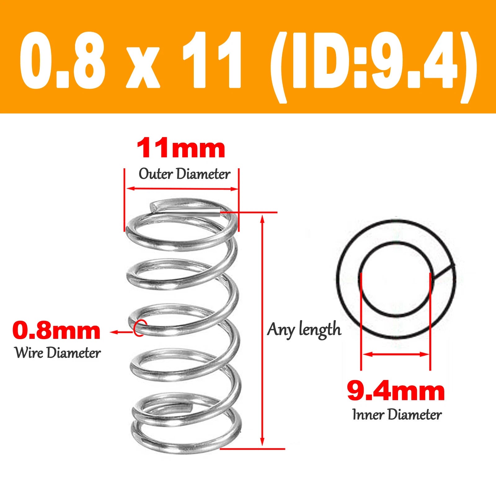 Compression spring 0.8mm, 304 stainless steel Length 5 to 120mm Pressure spring