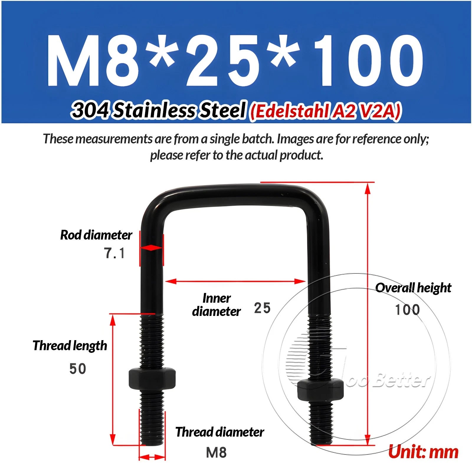 M6 M8 M10 Square U-Bolts Black 304 Stainless Steel with Nuts For Boat Trailer
