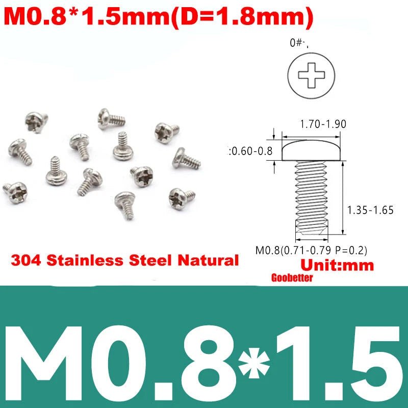 Phillips Pan Head Machine Screws M0.8 M1 M1.2 M1.4 M1.6 M1.7 — Cross Round Head Bolts, Multiple Coatings - HomeDIYer