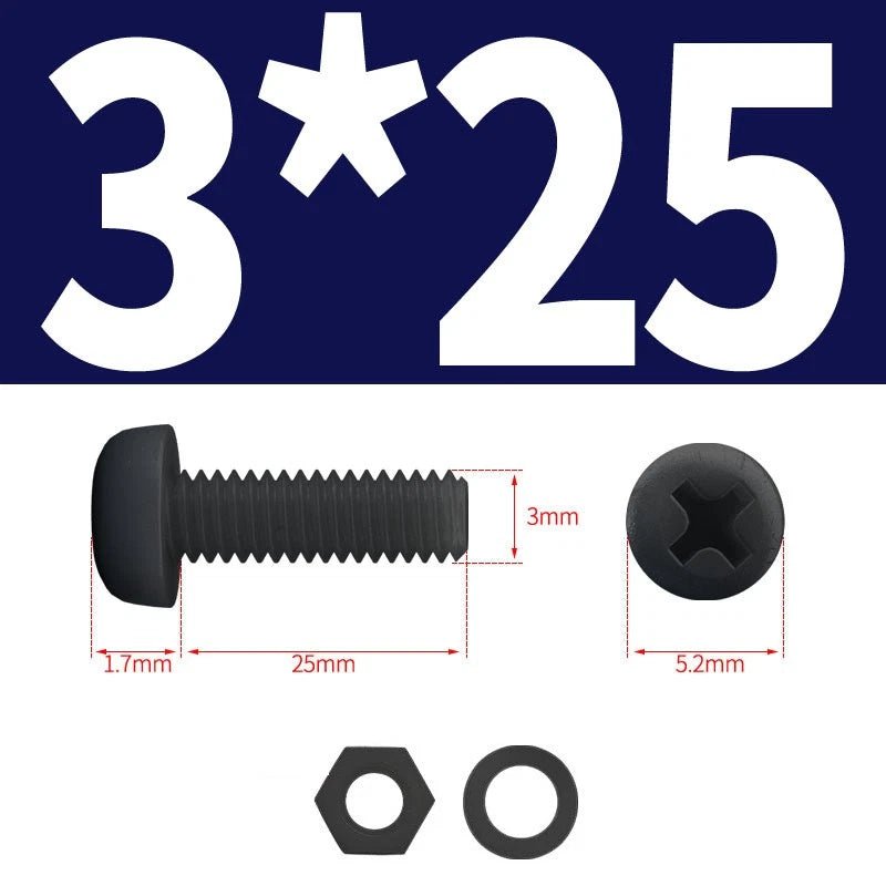 Black Nylon Phillips Machine Screws with Nuts & Washers — Metric M2 to M8 - HomeDIYer
