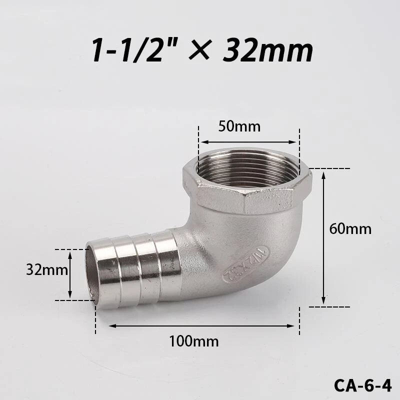 Stainless Steel Female Fitting x Barb Hose Tail End Elbow Connector 1 4" - 11 2"