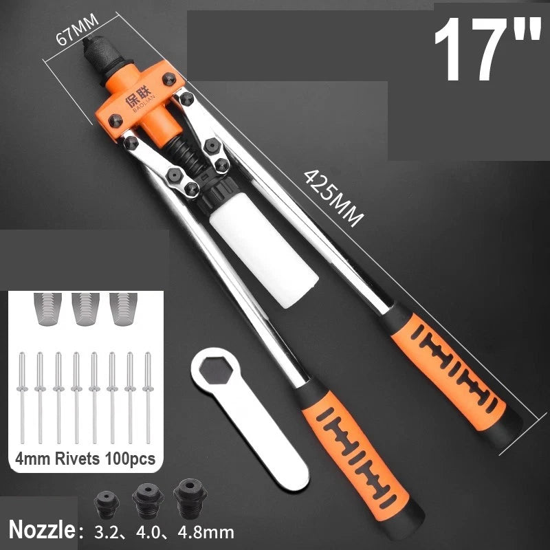 8"-17" Heavy Duty Hand Pop Rivet Gun Tool Kit With Rivets 4 Nozzle Head Wrench
