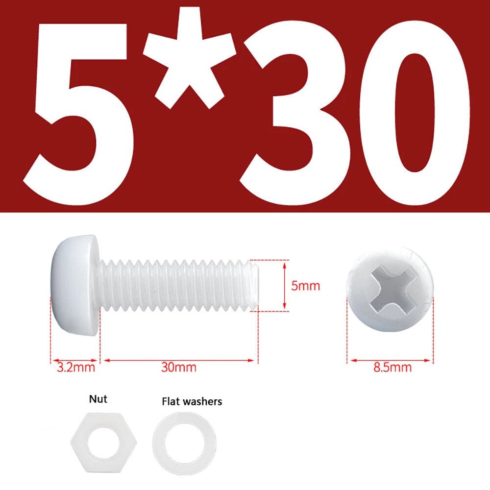 M4 M5 Nylon Phillips Pan Head Machine Screws with Hex Nuts and Flat Washers – White & Black - HomeDIYer