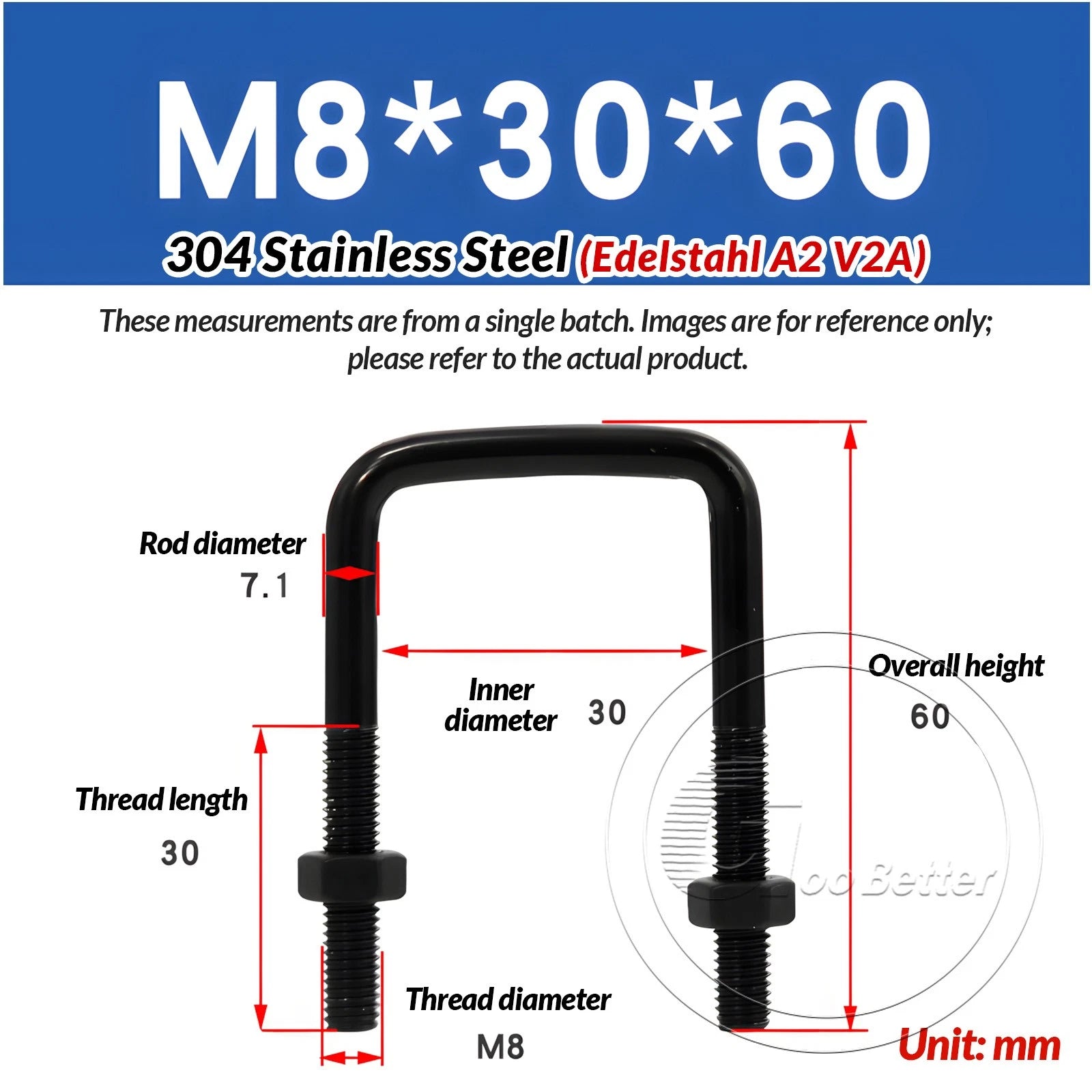M6 M8 M10 Square U-Bolts Black 304 Stainless Steel with Nuts For Boat Trailer