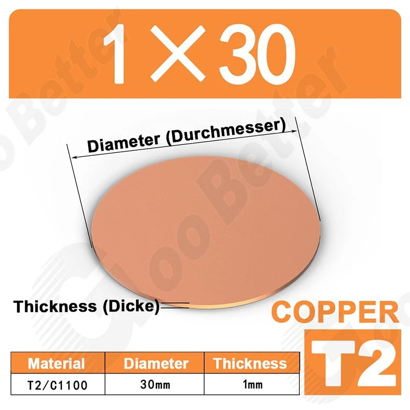 Solid Pure Copper Discs Blank Metal Round Sheet Plate Thick 0.5-3mm Dia 20-100mm