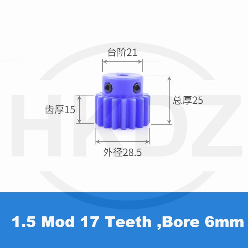 1.5 Mod Blue Nylon Spur Gear 15-60T,Bore 6-12mm Pinion Gear With Step Motor Gear