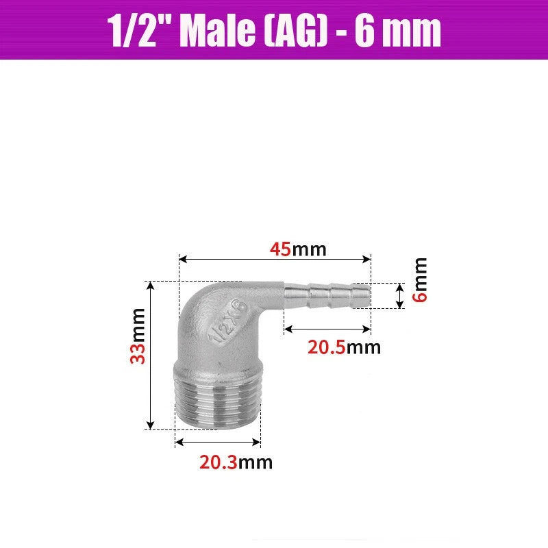BSP Male Elbow Barbed Hose Connector — Stainless Steel, 1/8" to 1/2", 6–16mm