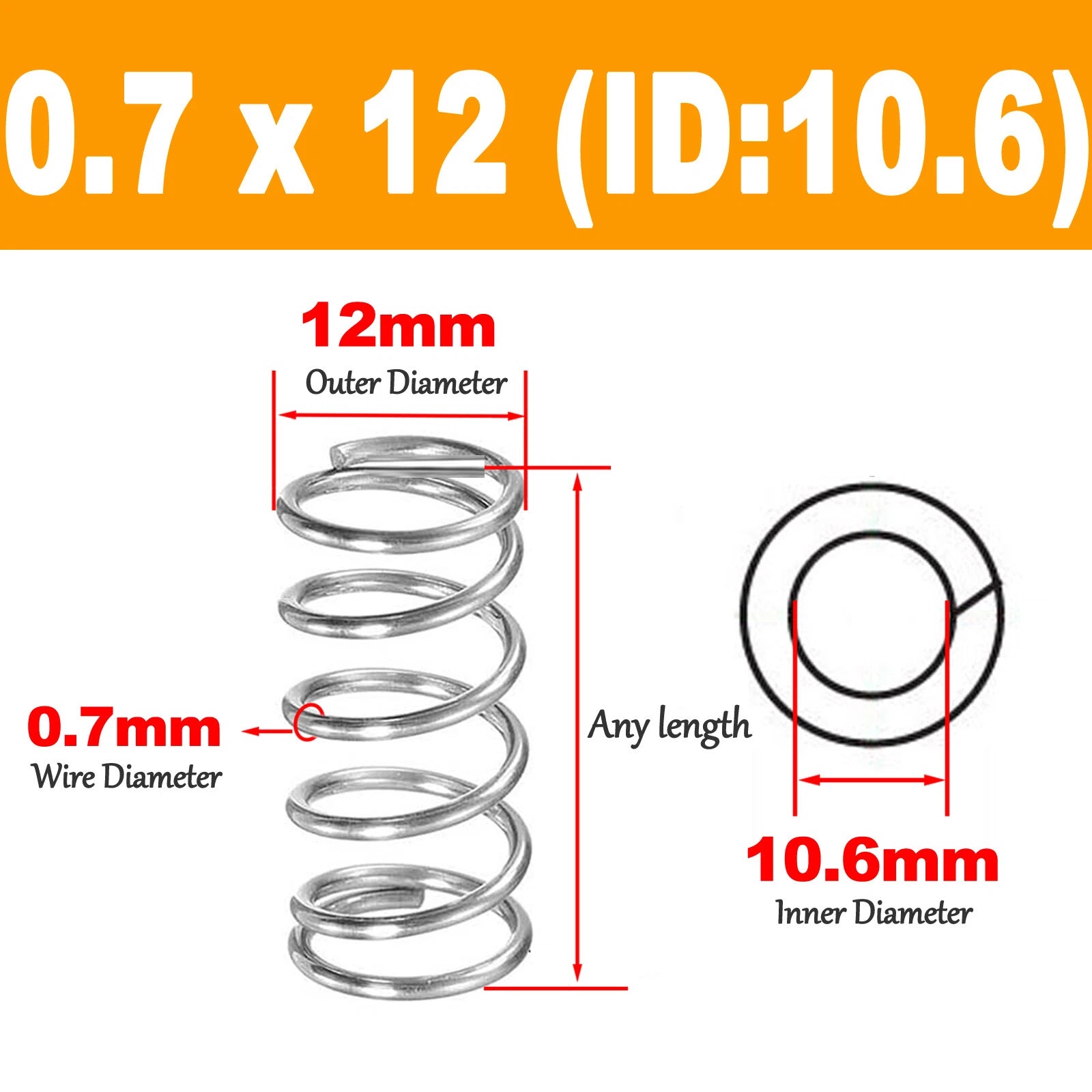Stainless Steel Wire Dia 0.7mm,OD 4-12mm, Length 5 mm - 120mm Compression Spring