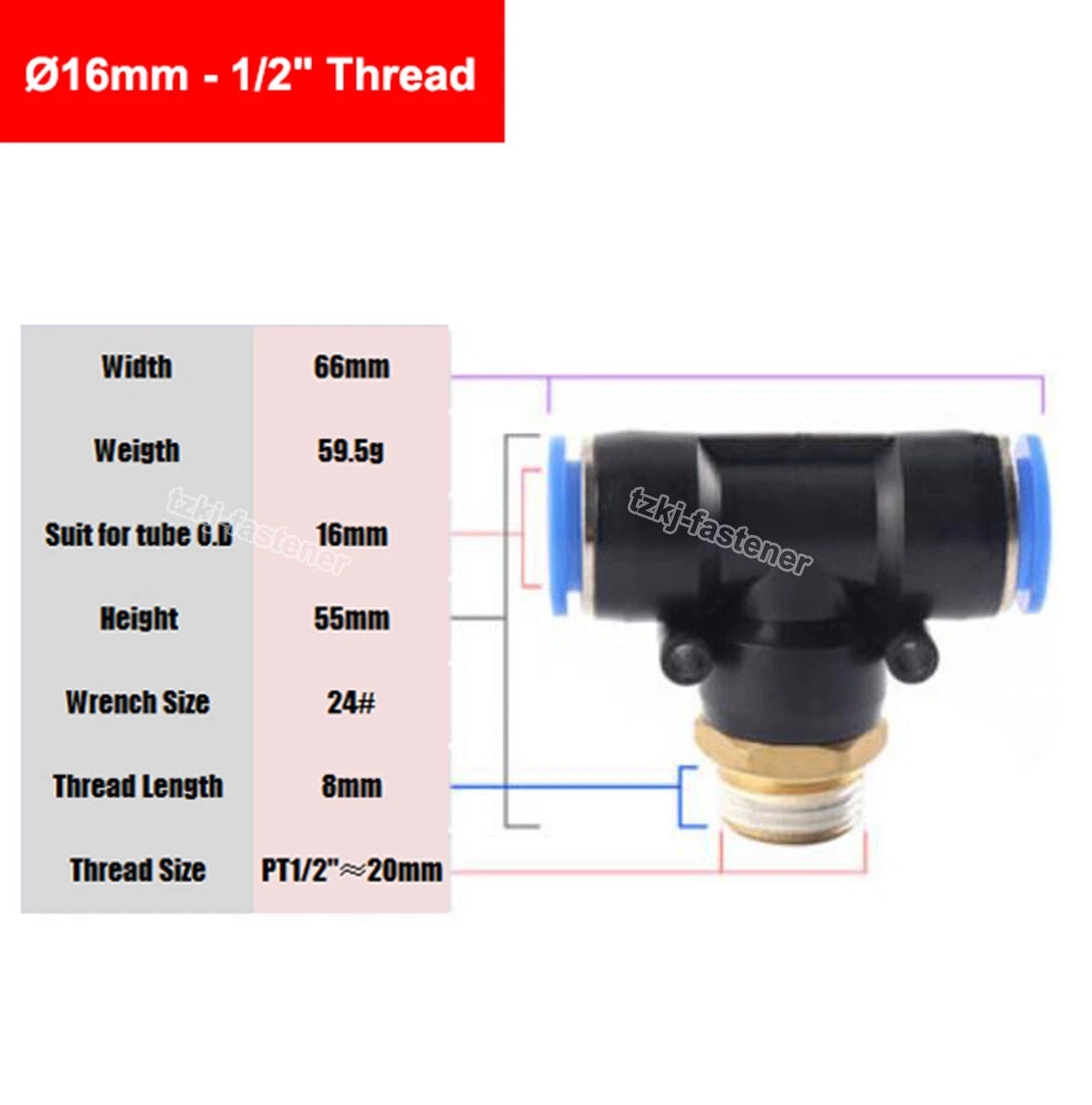 Pneumatic Tee "T" Connector BSP Male Thread 4mm-16mm Hose Tube Push-In Fittings