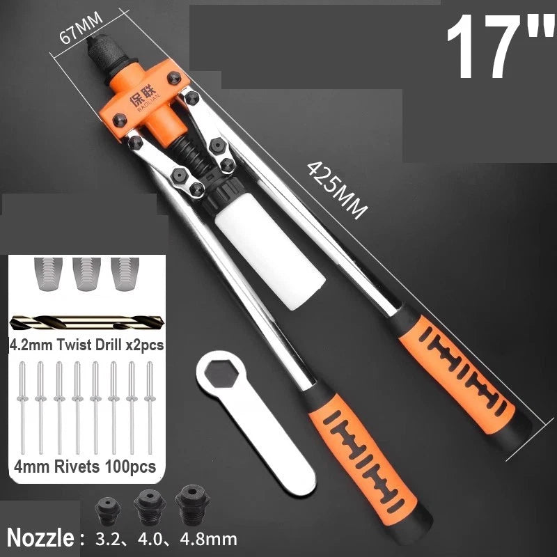 8"-17" Heavy Duty Hand Pop Rivet Gun Tool Kit With Rivets 4 Nozzle Head Wrench
