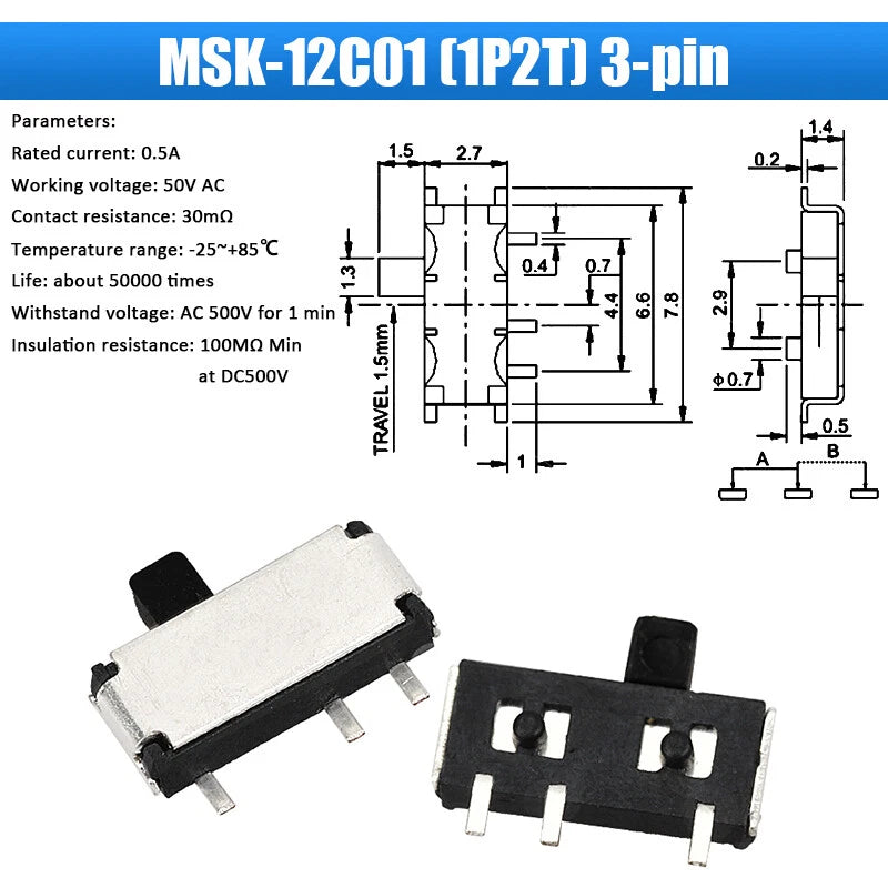 Slide Toggle Switch SS SK MSK MSS Series — 2/3-Way PCB Slide Switch, 3–8 Pin, Single & Double Row