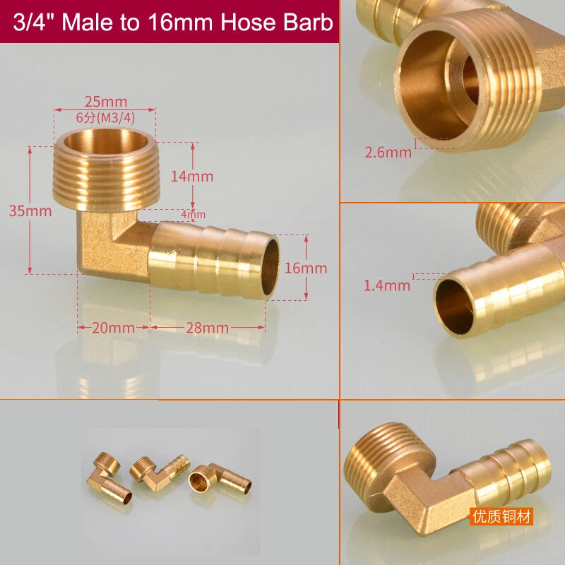 Brass Hose Barb Elbow Fittings — Male BSP to Metric Barb, 1/8" to 3/4" BSP