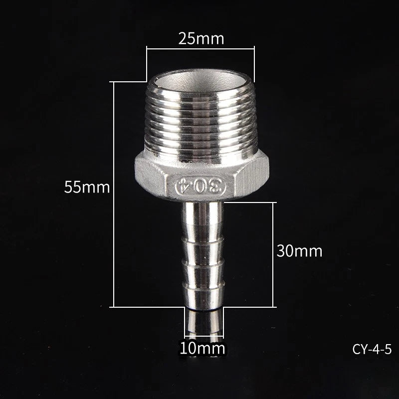 1/2" & 3/4" BSP Male Thread Hose Barb Tail Connector — Stainless Steel