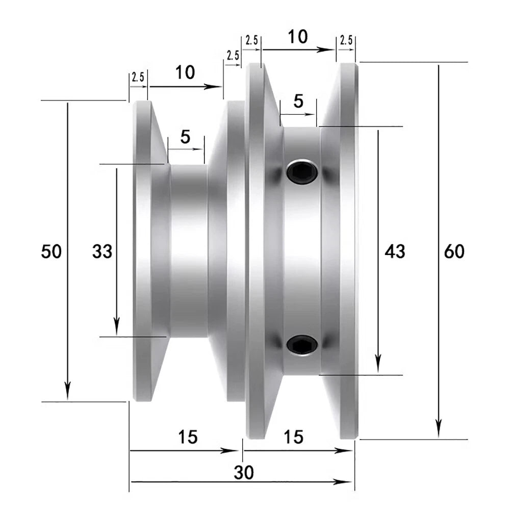 Aluminium Double Groove for O-Z V Belt Pulley Select Size 40mm, 50mm, 60mm OD
