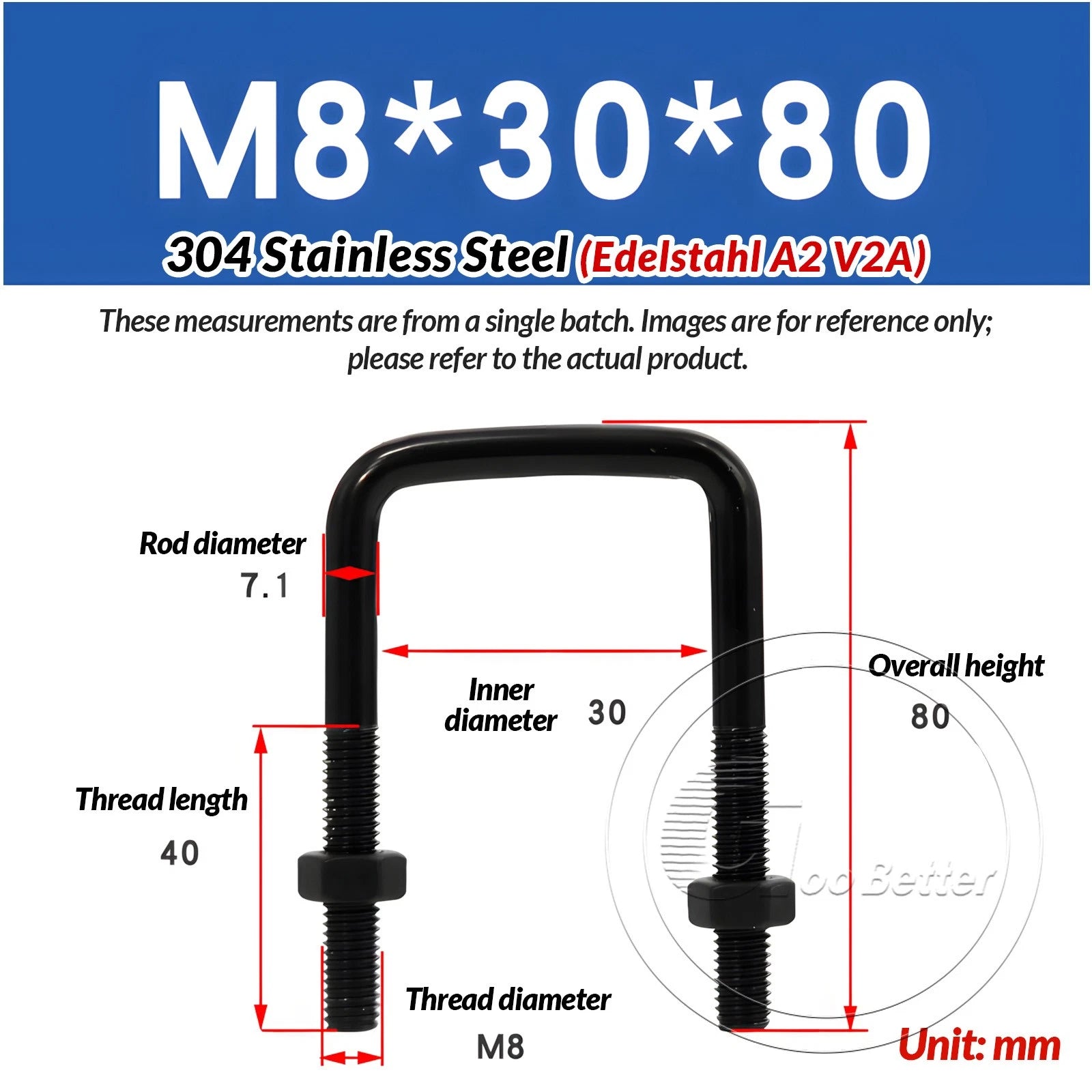 M6 M8 M10 Square U-Bolts Black 304 Stainless Steel with Nuts For Boat Trailer