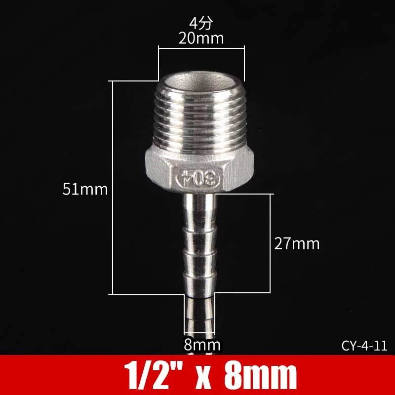 Stainless Steel BSP Male Thread x Barb Hose Tail Connector | 1/8" to 4"