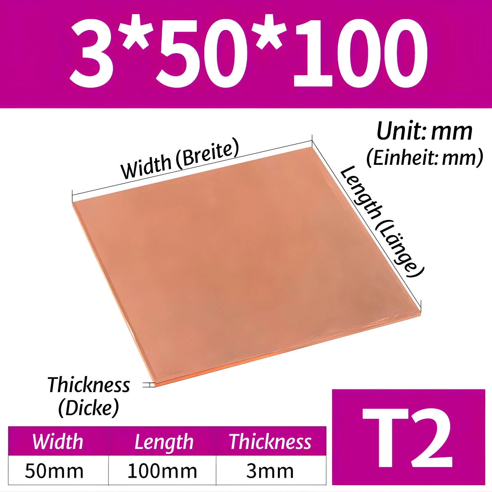 T2 Pure Copper Sheet/Plate Copper Block Laser Cut Many Sizes 2mm - 8mm Thick