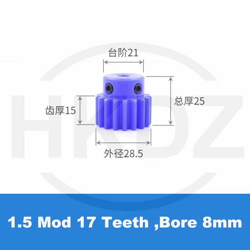1.5 Mod Blue Nylon Spur Gear 15-60T,Bore 6-12mm Pinion Gear With Step Motor Gear