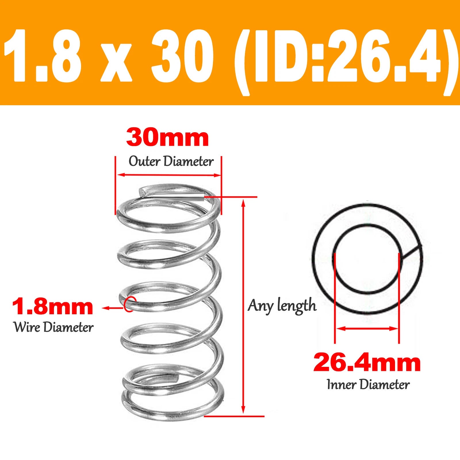 1.8mm 304 Stainles Steel Spring Compression Pressure Springs OD 18-30mm,L10-120m