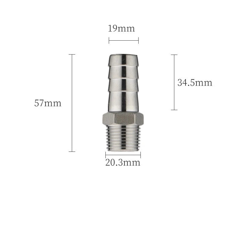 A2 Stainless Steel Straight Barb Hose Connector — Male Thread, 6mm to 20mm Tubing
