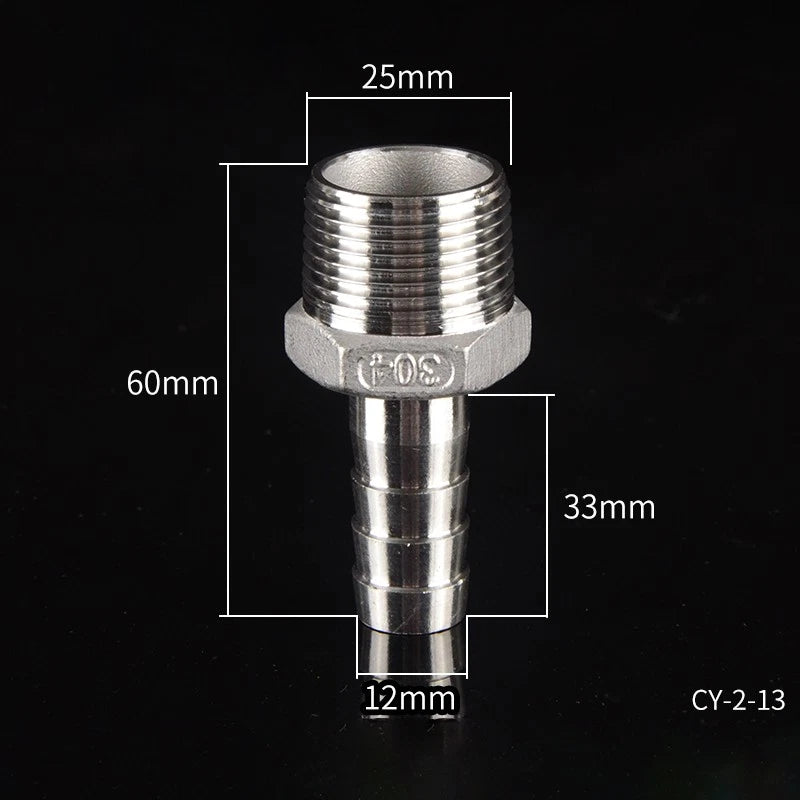 1/2" & 3/4" BSP Male Thread Hose Barb Tail Connector — Stainless Steel