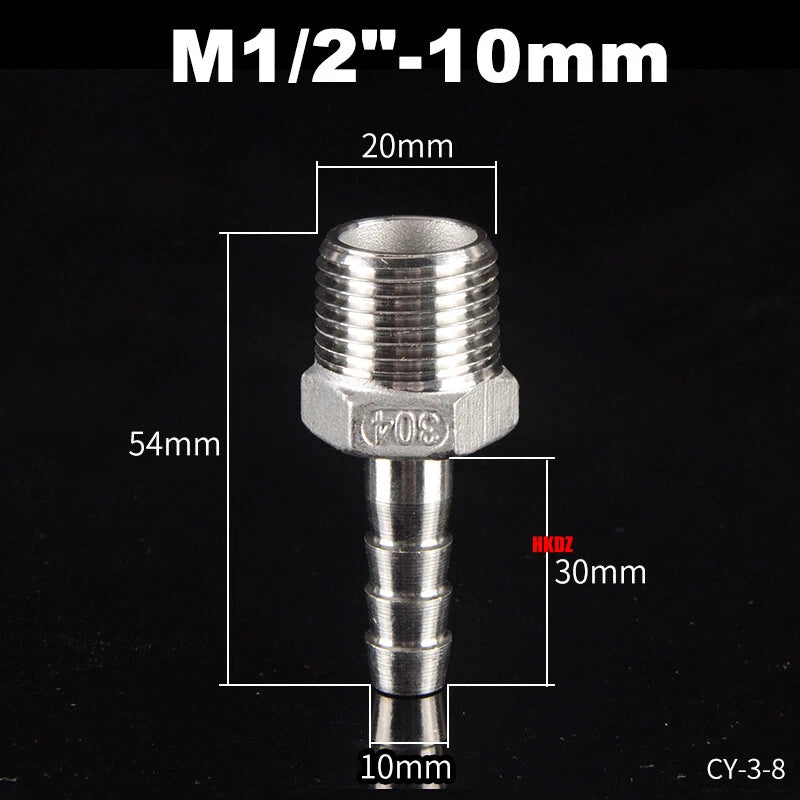 Stainless Steel 304 Barb Hose Tail Connector – 1/2" & 3/4" BSP Male Thread Hose Fittings
