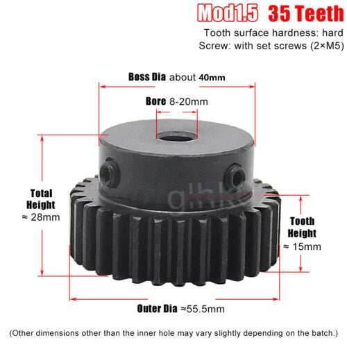 Mod1.5 Steel Pinion Gear Spur Gear 12-100 Teeth 4-25mm Bore With Screw Blackened