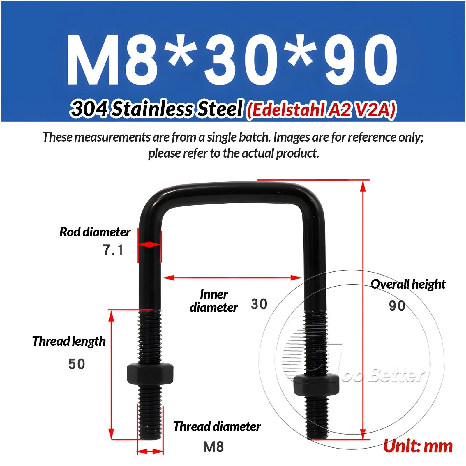 M6 M8 M10 Square U-Bolts Black 304 Stainless Steel with Nuts For Boat Trailer