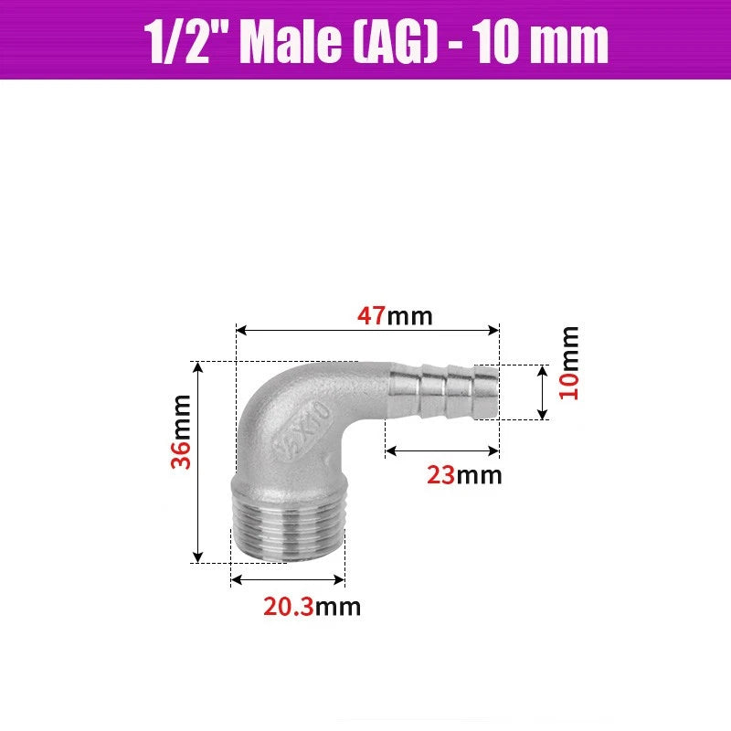BSP Male Elbow Barbed Hose Connector — Stainless Steel, 1/8" to 1/2", 6–16mm