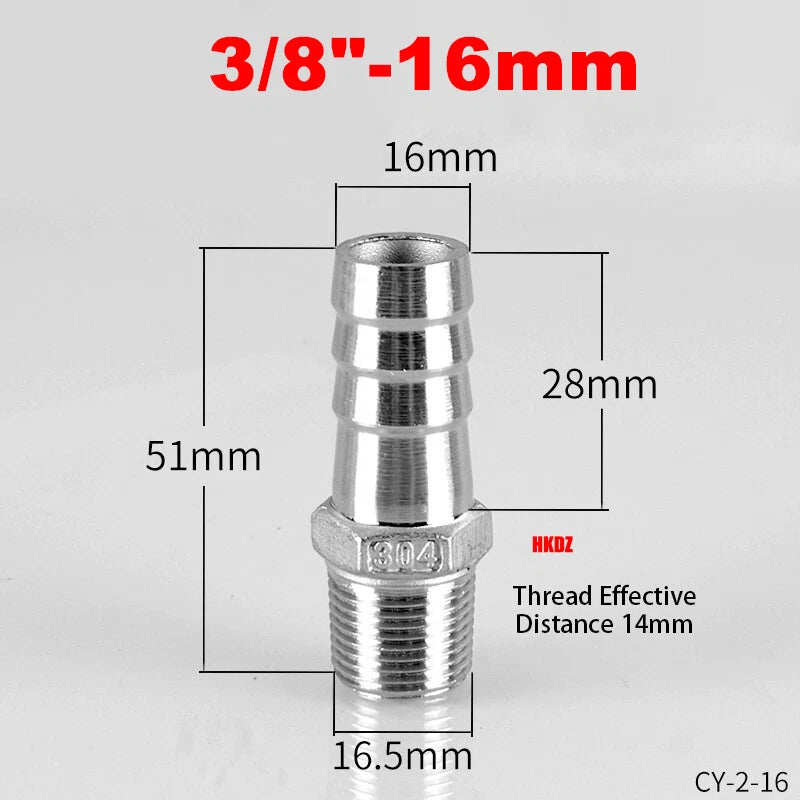 304 Stainless Steel Male Thread Barb Hose Tail Connector | 1/8" to 3/8" NPT