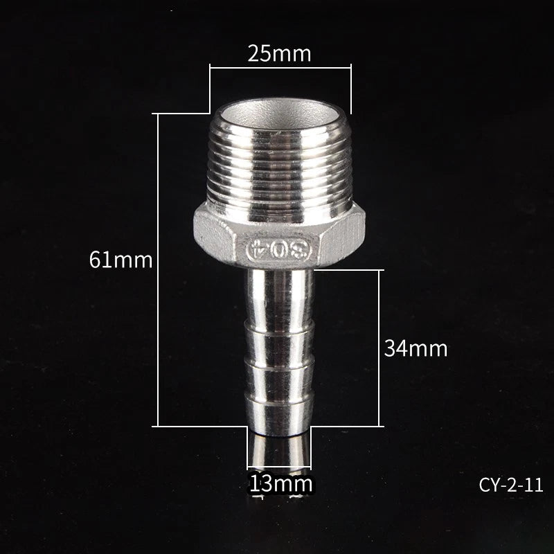 1/2" & 3/4" BSP Male Thread Hose Barb Tail Connector — Stainless Steel