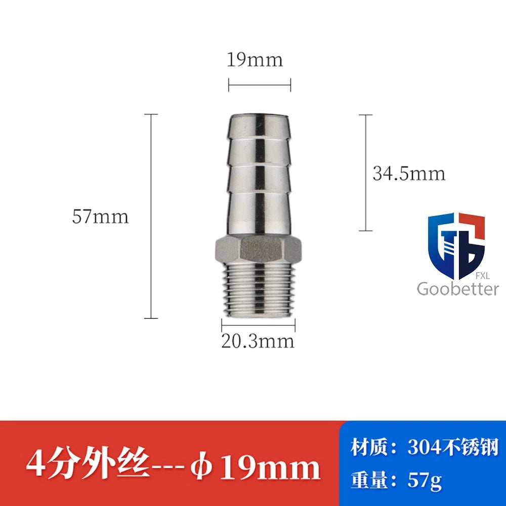 BSP Stainless Steel Male Thread Barb Hose Tail Connector — 1/8" to 2"