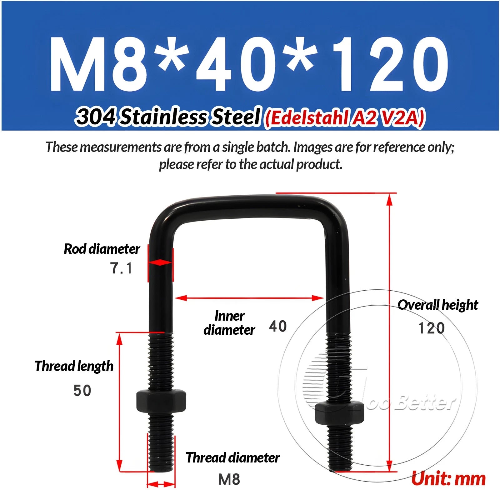 M6 M8 M10 Square U-Bolts Black 304 Stainless Steel with Nuts For Boat Trailer
