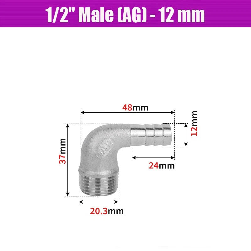 BSP Male Elbow Barbed Hose Connector — Stainless Steel, 1/8" to 1/2", 6–16mm