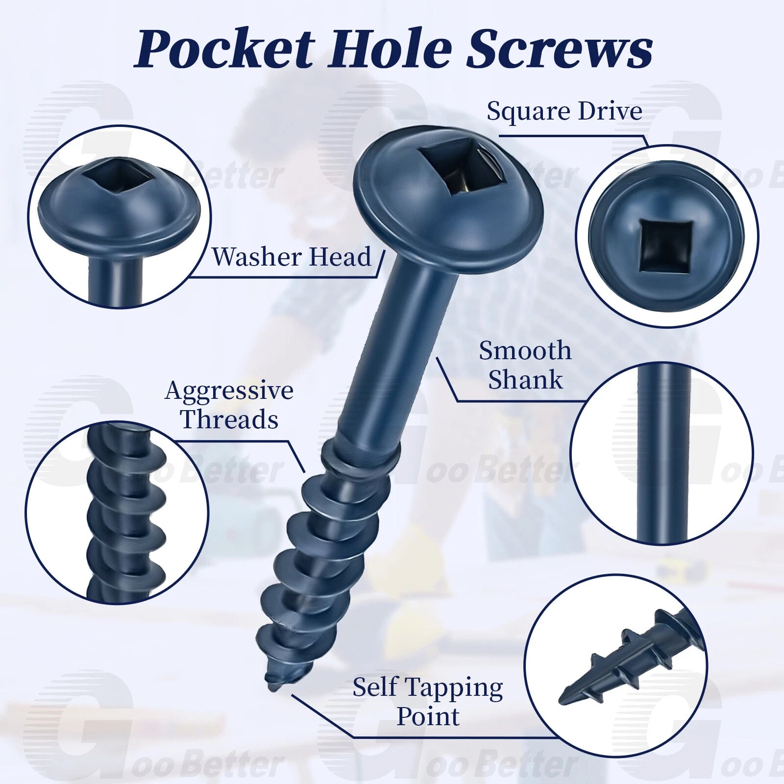 #8 Pocket Hole Screws Exterior Pocket Screw Coarse Thread Square Drive Washer Head Blue Coated With 100MM Drive Bit